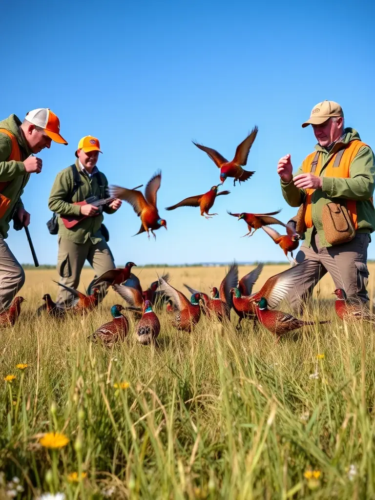 A visual of LA BACHELARDE members releasing repopulated game birds into a designated hunting area, contributing to sustainable hunting.
