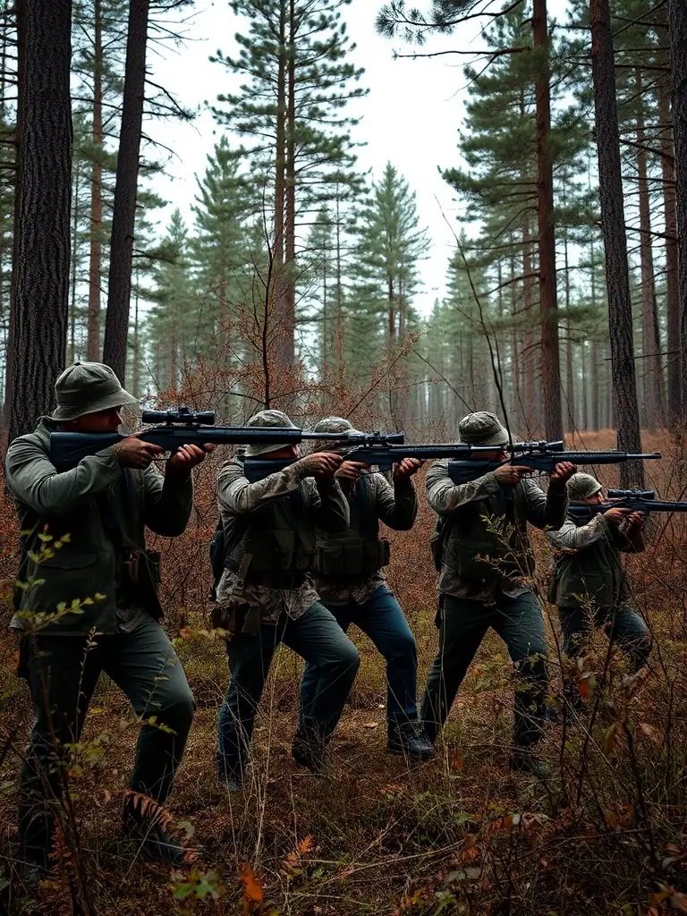 A photograph showcasing a group of hunters participating in a controlled pest control activity in a forest setting, emphasizing responsible wildlife management.