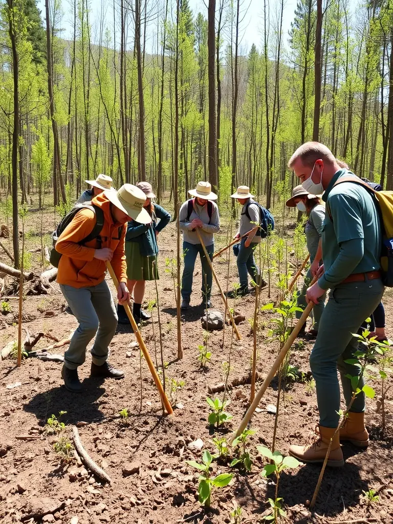 A photograph showcasing LA BACHELARDE members participating in a habitat protection activity, planting trees to enhance the local ecosystem.