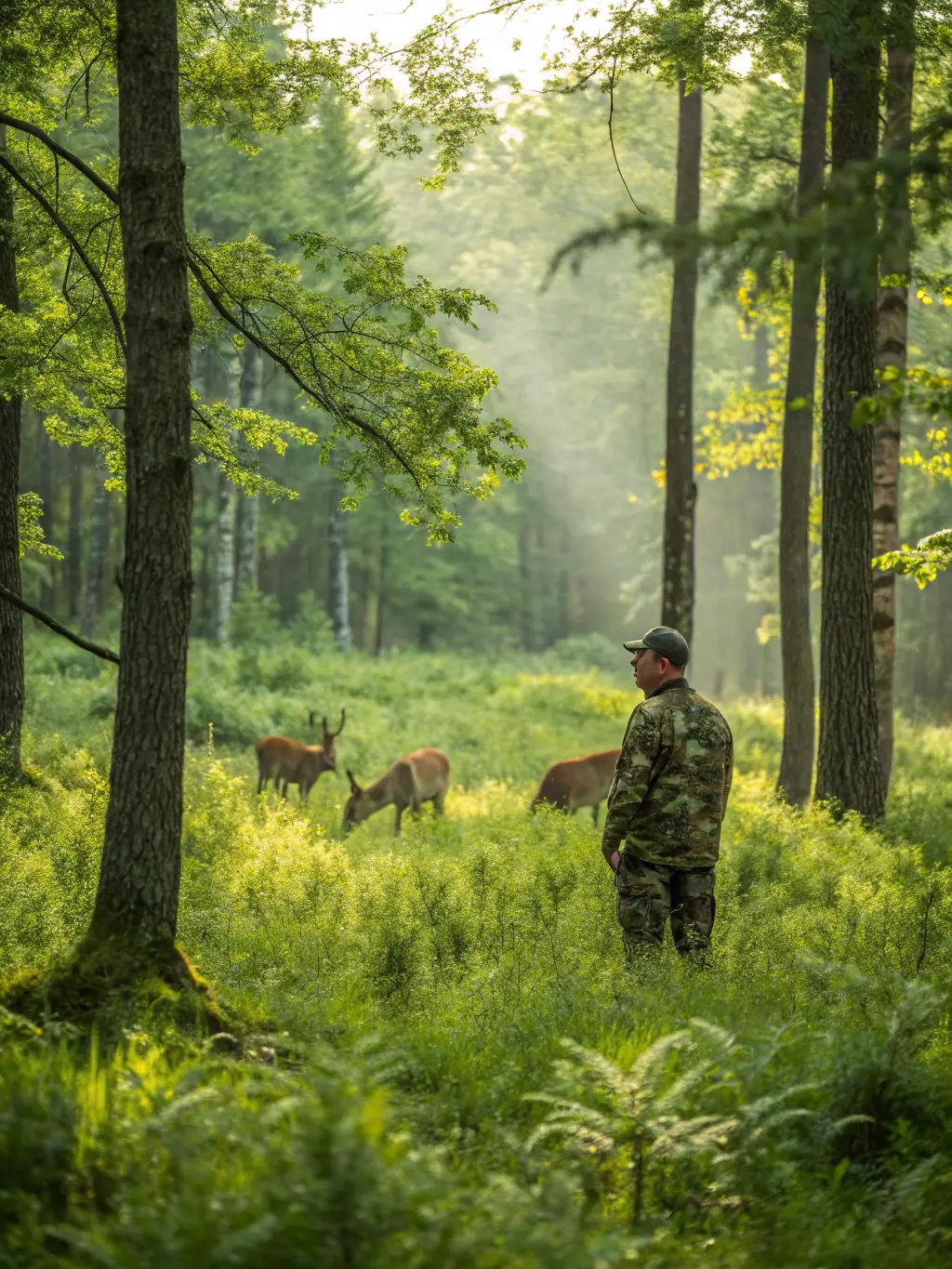 A high-quality image of a wildlife biologist releasing a group of young deer into a protected habitat, symbolizing repopulation efforts.